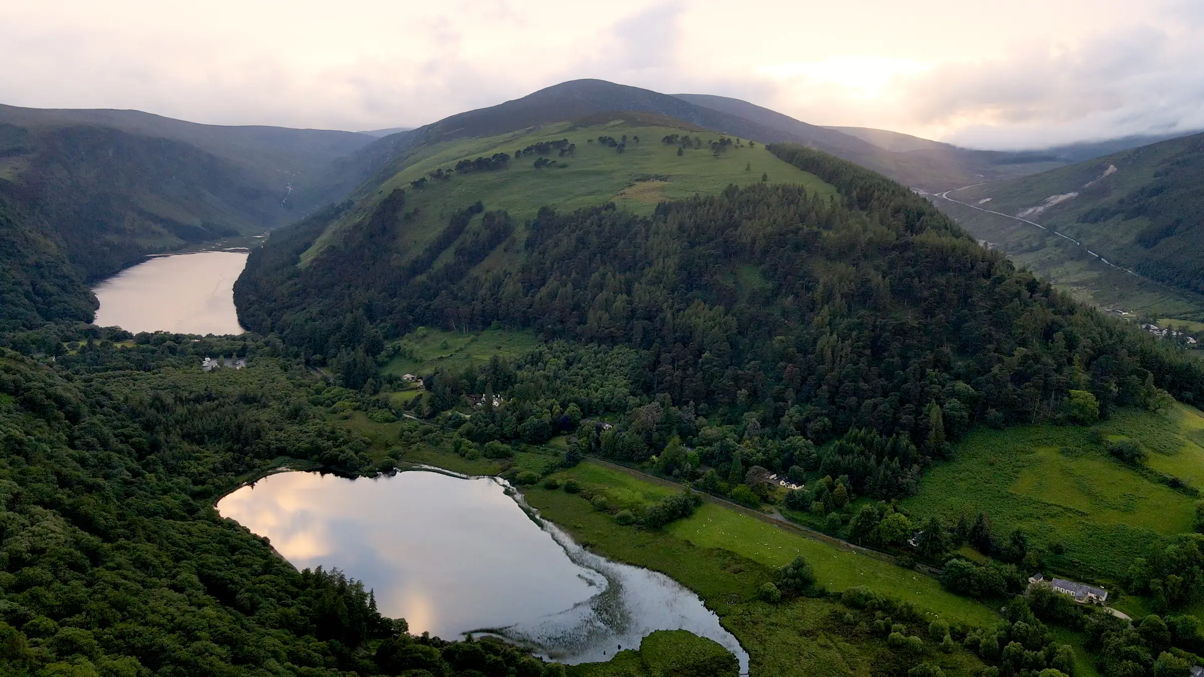 Glendalough valley and its two lakes in autumn light